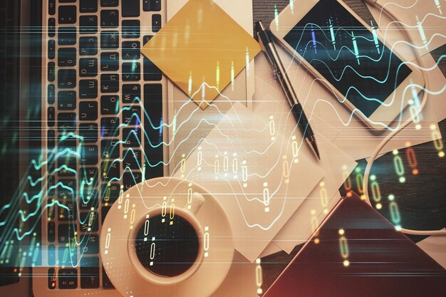 Doppelbelichtung von Finanzdiagrammzeichnungen über Tabellenhintergrund mit Computer Konzept der Forschung und Analyse Top-View