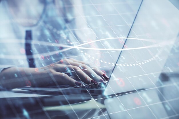 Doppelbelichtung von Frauenhänden, die am Computer tippen, und Finanzdiagramm-Hologramm-Zeichnung. Börsenanalysekonzept