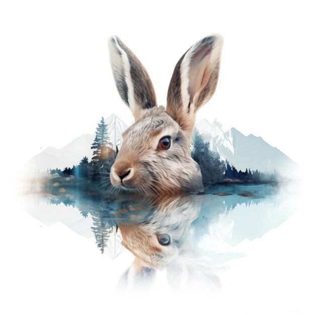 Doppelbelichtung von Kaninchen mit Naturlandschaft Aquarell-Stil