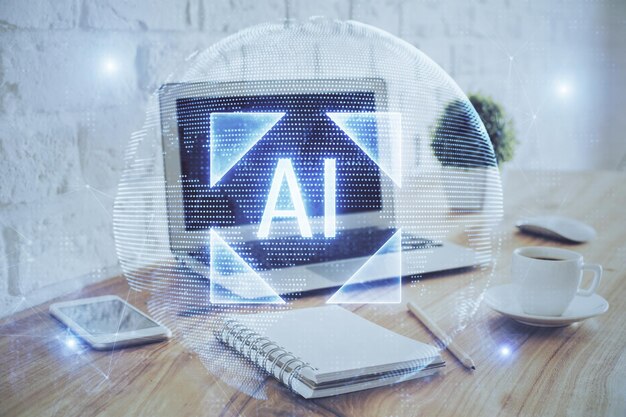 Doppelbelichtung von Laptop-Computer und Technologie-Thema-Hologramm Konzept der freiberuflichen Arbeit