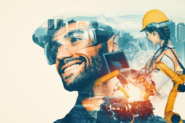 Doppelbelichtung von Robotarm in der mechanisierten Industrie und Fabrikarbeiter