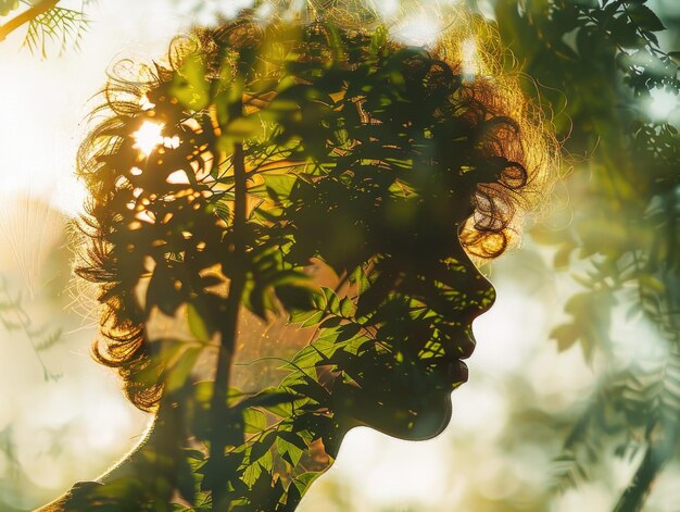 Foto doppelbelichtung von schöner frau und blauem wald