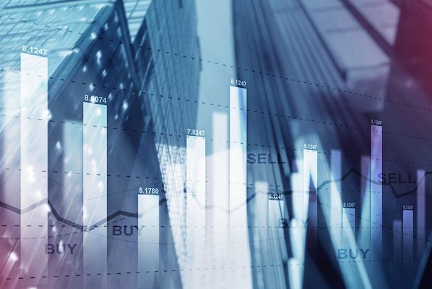 Doppelbelichtung von Stocks Market Chart und Hong Kong City Sell and By Concept