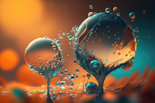 Doppelbelichtung von Wassertröpfchen spritzt auf digitaler Kunst des verschwommenen Hintergrunds