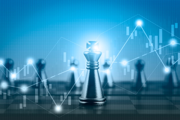 Foto doppelbelichtungs-finanzmarktaktiendiagramm mit schachbrettspielwettbewerb