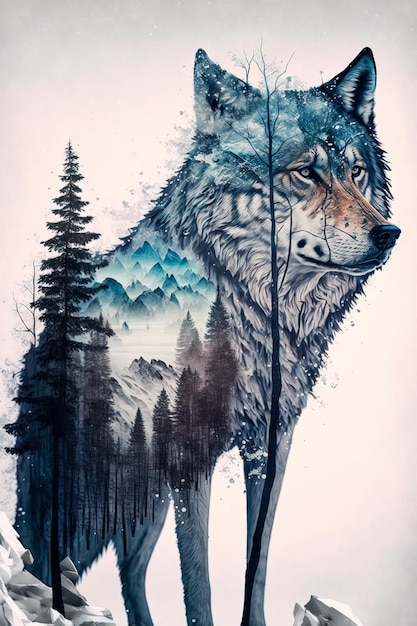 Doppelbelichtungsbild eines Wolfs und des Winterwaldes