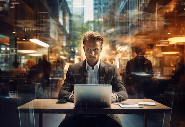 Foto doppelbelichtungsfoto eines geschäftsmannes mit laptop auf seinem schreibtisch, vorderansicht im bürohintergrund