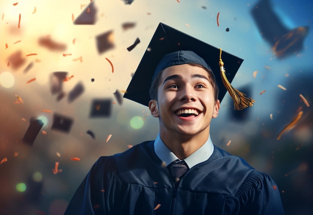 Doppelbelichtungsfoto eines jungen Mannes, der eine Graduiertenmütze wirft, realistisches Hintergrundbild