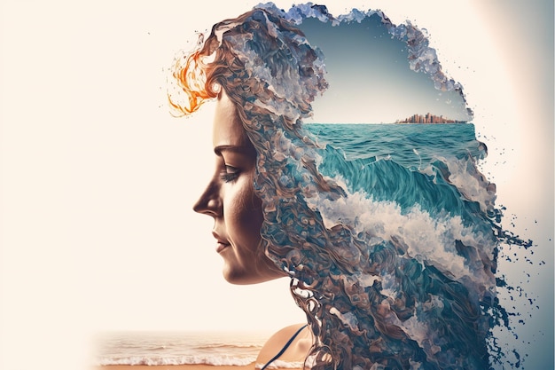 Doppelbelichtungsfrauenporträt mit Meereswelle für ruhigen Geist