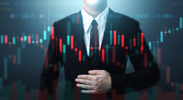 Doppelbelichtungsgeschäftsmann und Liniendiagramm. Technische Preisdiagramm Grafik und Indikator Aktie Online-Handel
