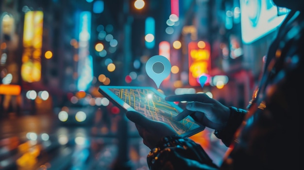 Doppelbelichtungsmann, der den Zielort in einer Nachtstadt mit Hilfe eines digitalen Tablets und einer GPS-Karte feststellt Geschäfts- und Technologiekonzepte