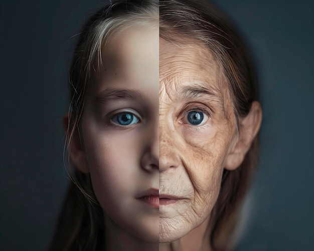 Doppelporträt die Hälfte des Gesichts gehört einem jungen Mädchen und die Hälfte einer alten Frau das Konzept des Themas der Zeitgenerationsänderung Evolution Psychologie und Wahrnehmung Kosmetologie