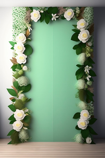Doppelschichtige hölzerne Hochzeits-Hintergrunde mit Ache-Panel, weiße Blumen, Grünheit, Blattzweig Bouq