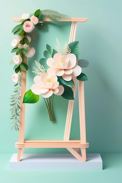 Doppelschichtiger hölzerner Hochzeitshintergrund auf Staffeleiständer mit weißem Blumenblatt