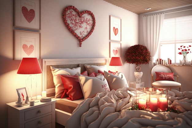 Doppelschlafzimmer mit Valentinstagdekoration KI
