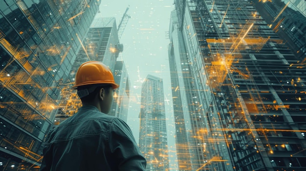 Doppelte Belichtung eines in Helm getragenen Ingenieurs beim Bau eines Gebäudes AIG42