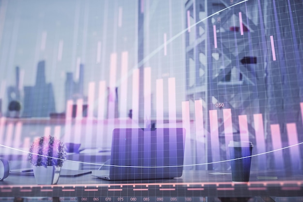 Doppelte Exposition der Börsendiagrammzeichnung und des Bürointeriors Konzept der finanziellen Analyse