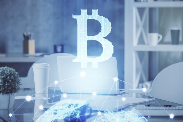Doppelte Exposition der Kryptotechnologie Thema Zeichnung und Bürointerieur Hintergrund Konzept der Blockchain