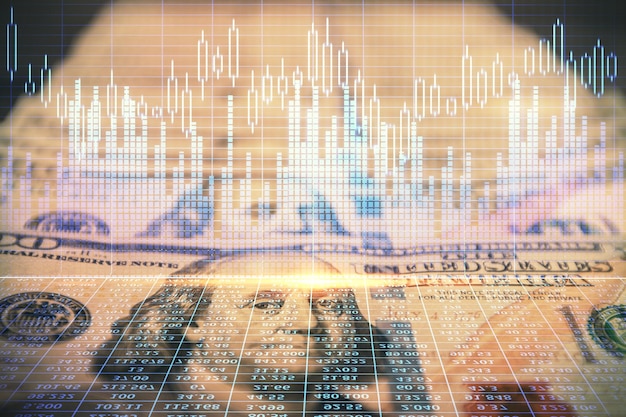 Doppelte Exposition des Forex-Graphs über den US-Dollar-Rekord-Hintergrund Konzept der Finanzmärkte