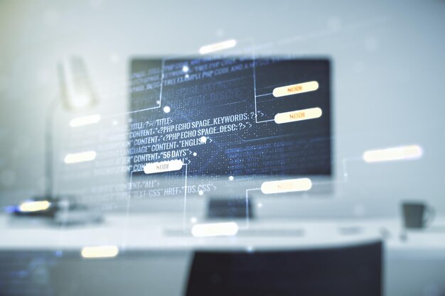 Doppelte Exposition von abstrakten kreativen Programmierungsillustrationen auf Computer-Hintergrund, Big Data und Blockchain-Konzept