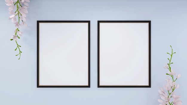 Foto doppelte vertikale leere plakatrahmen auf leerer weißer wand mit blumen 3d-rendering