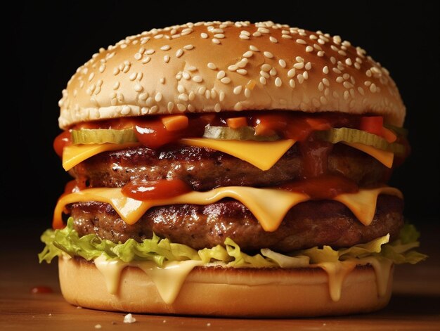 Doppelter Cheeseburger mit Gurken-Salat-Ketchup auf einem Holztisch