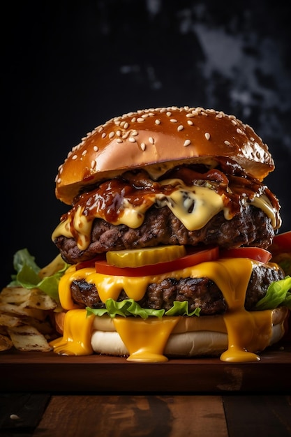 Doppelter Hamburger mit viel Rauch auf dunklem Hintergrund