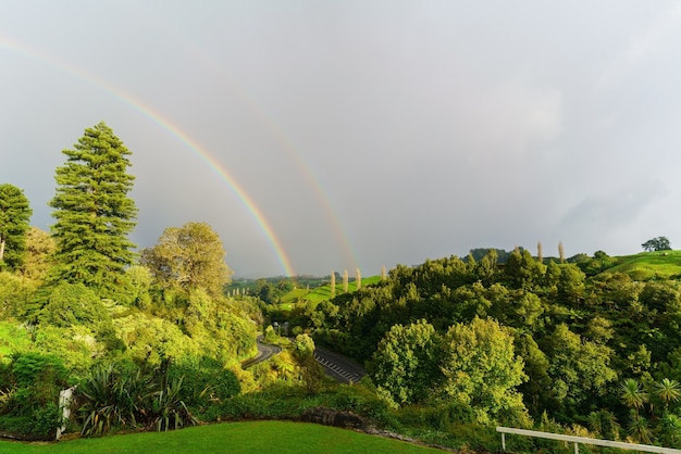 Doppelter Regenbogen bei Waitomo, Neuseeland