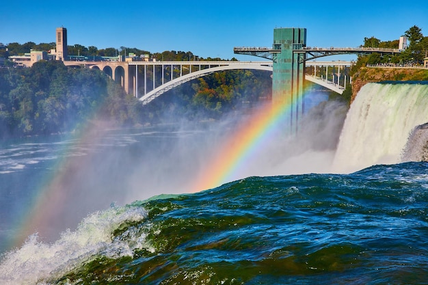 Doppelter Regenbogen der Niagarafälle über American Falls und Rainbow Bridge, die nach Kanada führen