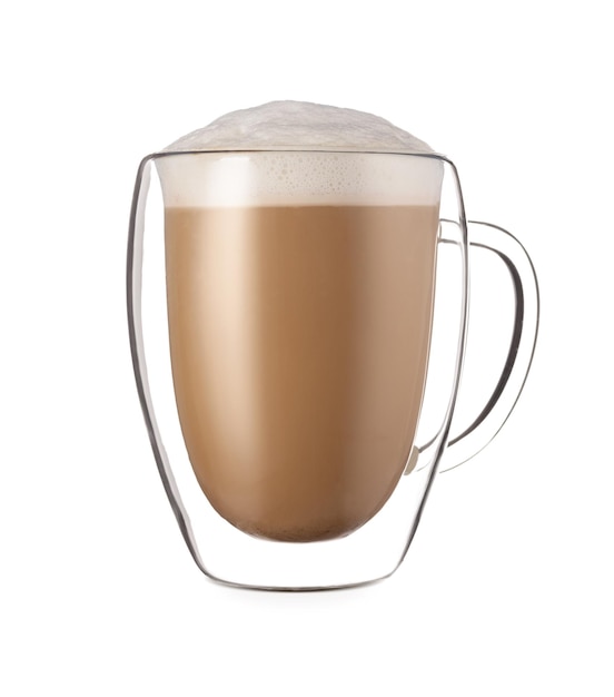 Foto doppelwandige glastasse mit cappuccino-kaffee und milchschaum isoliert auf weißem hintergrund