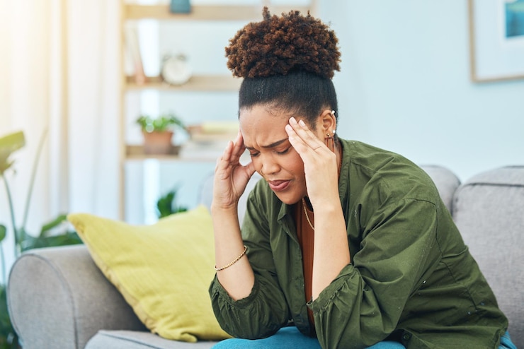 Foto dor de cabeça de mulher e dor no sofá por estresse tonto e desafio de saúde mental em casa triste pessoa africana frustrada por enxaqueca, ansiedade ou depressão de fadiga, dívida ou vertigem na sala de estar