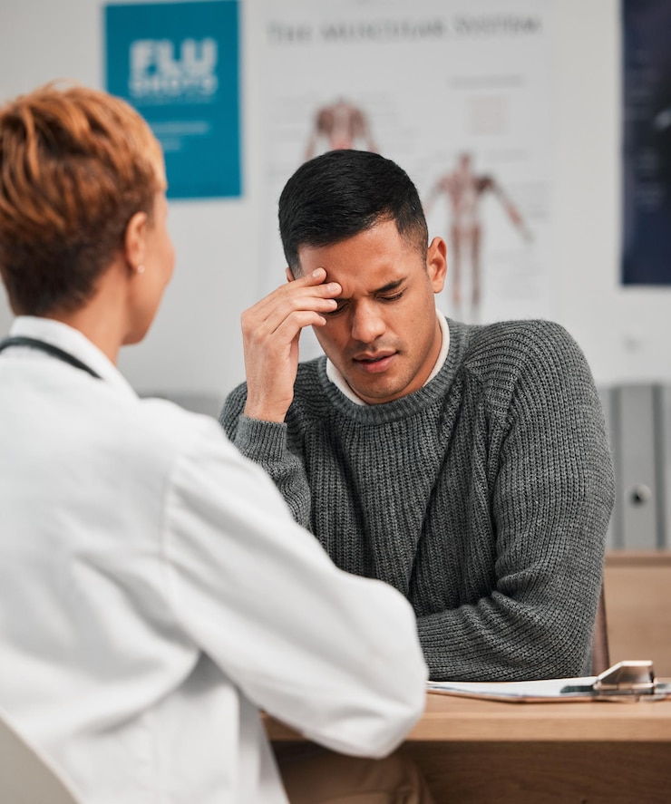 Foto dor de cabeça e médico com paciente em exame de consulta ou teste em clínica hospitalar com estresse fadiga por esgotamento e profissional médico ajudando uma pessoa cansada ou doente com conselhos de enfermagem