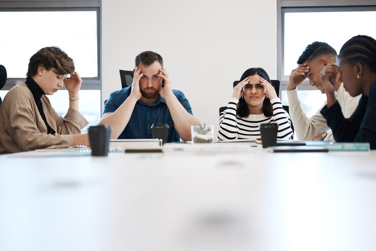 Foto dor de cabeça em grupo e esgotamento com estresse ansiedade e dor para brainstorming de problemas e ideias para solução pessoas de equipe e diversidade no escritório para planejar pensamento e fadiga em colaboração
