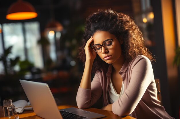 Dor de cabeça no trabalho Mulher negra com enxaqueca