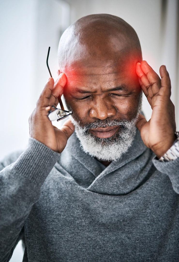 Foto dor de cabeça vermelha e homem sênior com enxaqueca estresse de aposentadoria de saúde mental ou problema mental em sobreposição memória cansada e doente ou esgotamento pessoa africana massagem templo nevoeiro cerebral e risco de saúde