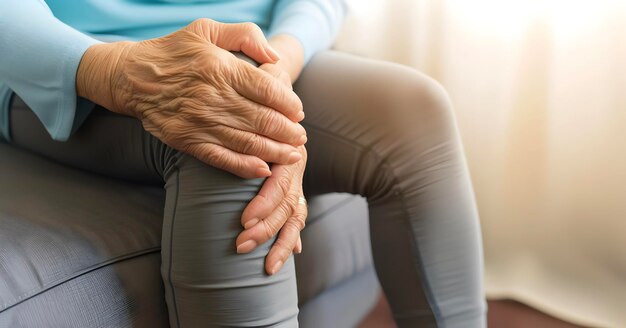 Foto dor nas articulações do joelho em mulheres idosas conceito de osteoartrite artrite reumatoide ou lesão do ligamento