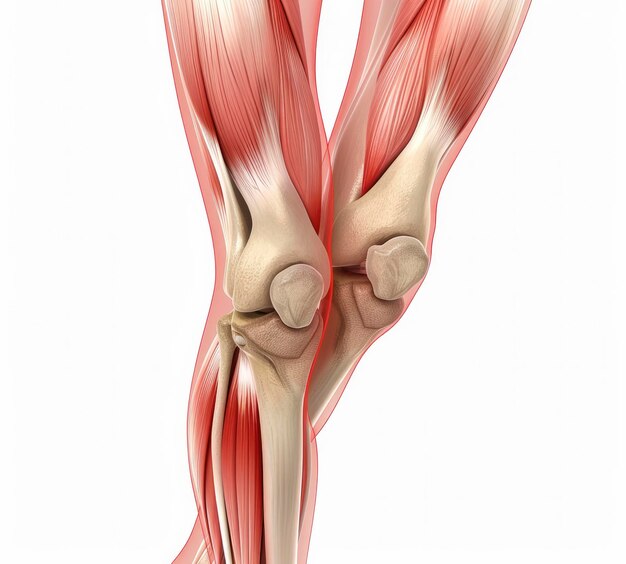 dor no joelho com músculos e tendões em fundo branco