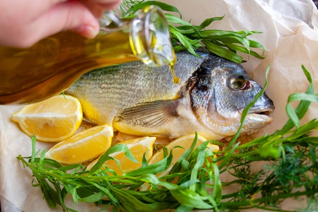 Dorada con limón y hierbas frescas, el chef vierte aceite de oliva sobre el pescado antes de hornear