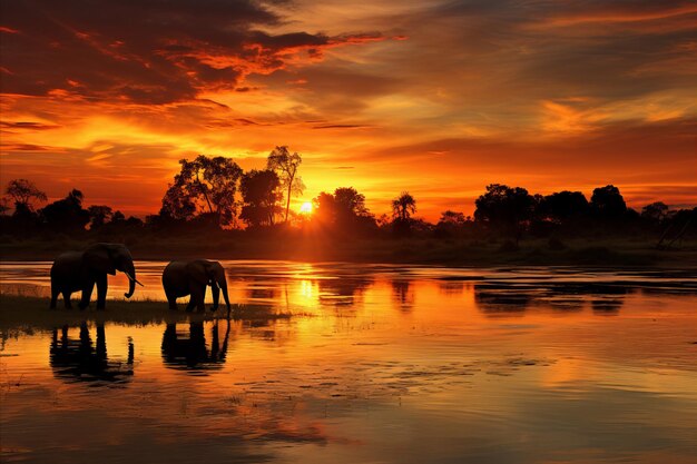 Dorada puesta de sol africana elefantes serenos vagando por la vasta sabana bajo el sol poniente