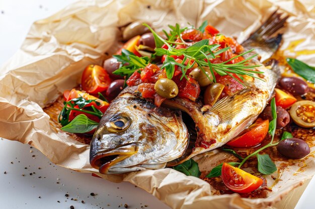 Foto dorado horneado con salsa de tomate verdes y aceitunas pescado de orugas a la parrilla en papel rústico