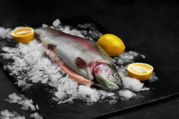 Dorado o besugo orgánico fresco crudo con limón en cubitos de hielo sobre pizarra negra, piedra o fondo de hormigón.