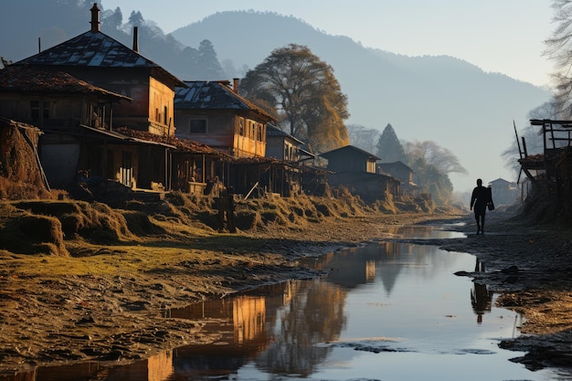 Dorf, das bei der Morgendämmerung am Fluss im goldenen Licht gebadet wird