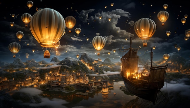 Dorf in den Bergen in der Nacht Ballonlichter beleuchten die Stadt Schöne Aussicht Hintergrund