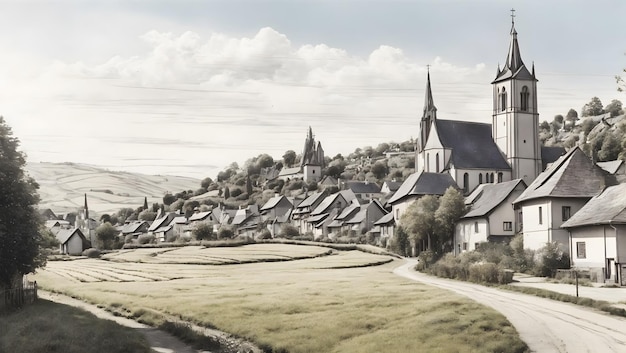 Dorf mit Kirche Durchgehender einzeiliger Zeichenstil