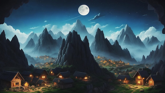 Dorf Nacht Hintergrundfoto Dorf Berge Höhle Krähe Himmel Wolken Mond ai erzeugen