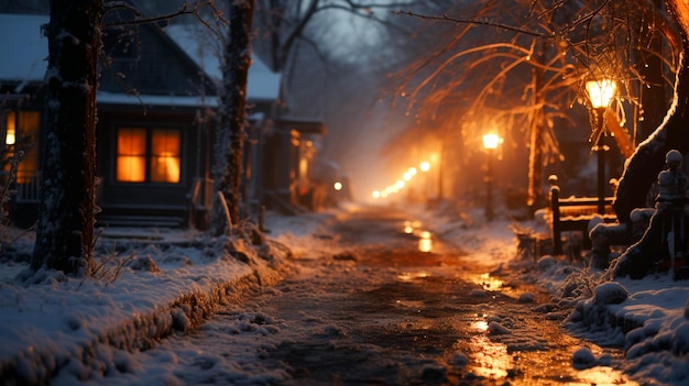 Dorf und orangefarbene Straßenlaternen mit starkem Schneefall bedeckt