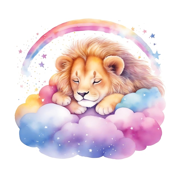 Dormir bien en el cielo Imagen de dibujos animados adorable de un león pequeño durmiendo en las nubes