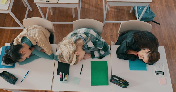 Foto dormir cansado e grupo de alunos em mesa na sala de aula na escola com fadiga na lição para aprender burnout descanso e adolescentes com sono para exaustão com educação acima ou estudar