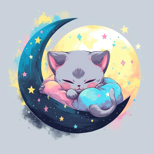 Dormir bajo la luz de la luna Diseño de camiseta con adorable gato bebé en ilustraciones vectoriales vívidas