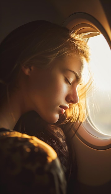 Foto dormir tranquilamente durante el vuelo con una ventana de luz solar
